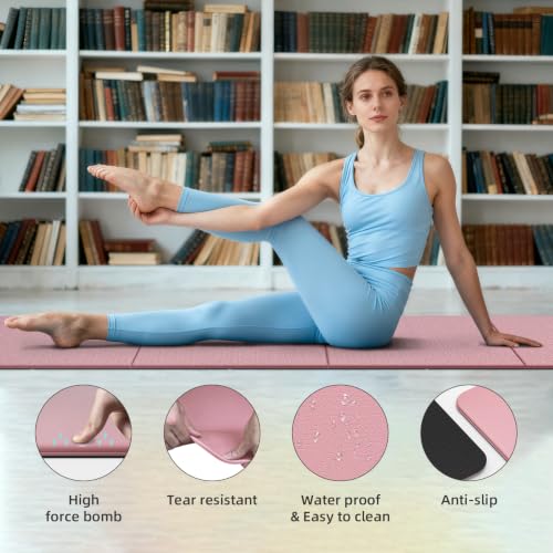Foldable TPE Yoga Mat Thick 10mm,75" x40"Extra Large Exercise Mats - color: Pink