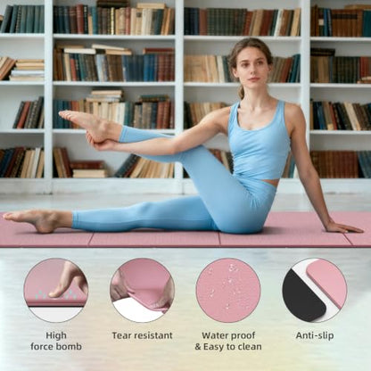 Foldable TPE Yoga Mat Thick 10mm,75" x40"Extra Large Exercise Mats - color: Pink