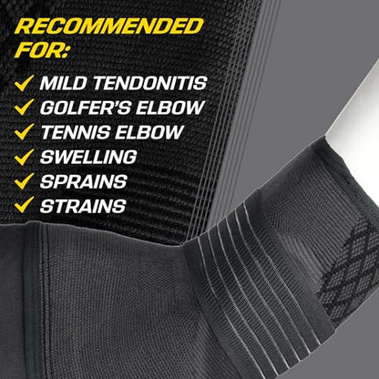 FUTURO Premium Compression Elbow Sleeve, with Wrap-Around Strap and Two Gel Pressure Pads, for Mild Tendonitis, Golfer’s Elbow, Tennis Elbow, Swelling, Sprains, and Strains, S/M - size: Small/Medium