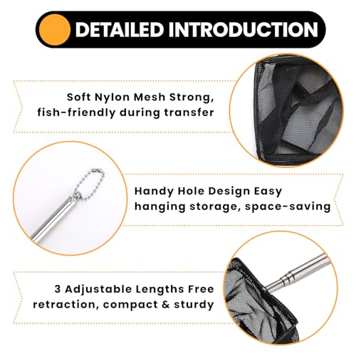 3 Pcs Fish Net for Fish Tank, 3 Inch Fine Mesh Aquarium Net with 5.3-15.7 Inch Stainless Steel Long Handle, Fine Mesh Nylon Fishing Nets for Fish Shrimp Tank, Pond, Creek
