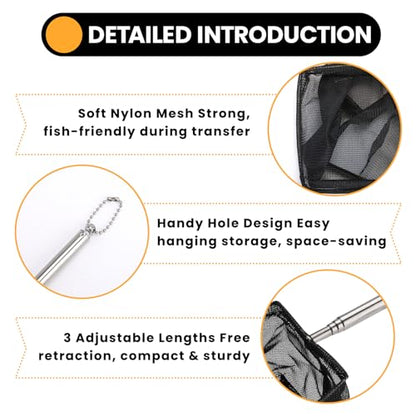 3 Pcs Fish Net for Fish Tank, 3 Inch Fine Mesh Aquarium Net with 5.3-15.7 Inch Stainless Steel Long Handle, Fine Mesh Nylon Fishing Nets for Fish Shrimp Tank, Pond, Creek