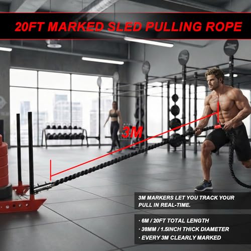 J Bryant Weighted Sled Pull Rope with 3m Interval Markers, Braided Polyester Training Rope with Storage Bag & Carabiner for Home Gym Conditioning - size: 20FT