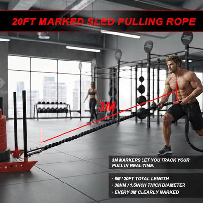 J Bryant Weighted Sled Pull Rope with 3m Interval Markers, Braided Polyester Training Rope with Storage Bag & Carabiner for Home Gym Conditioning - size: 20FT