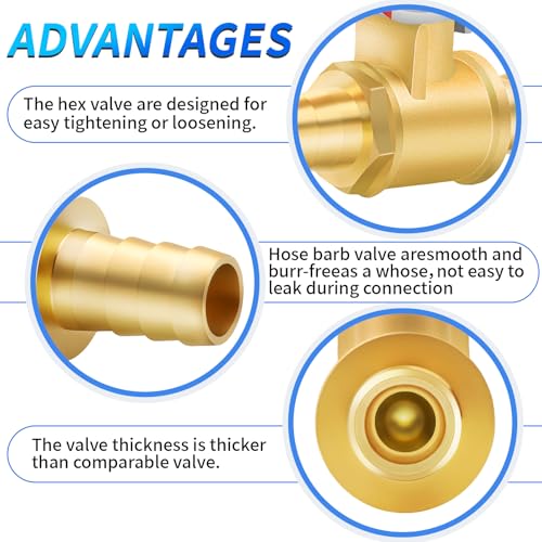 ChillWaves Brass Mini Ball Valve, Shut Off Switch Ball Valve 1/8" Barb with Hose Clamp for Water Air Systems(2-PACK)