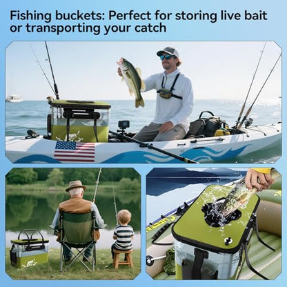Fishing Bucket Foldable， 6Gallon/8Gallon/10Gallon,Live Fish Container Multi-Functional Live Fish Bait Bucket,for Fishing, Camping, Moving - color: Green
