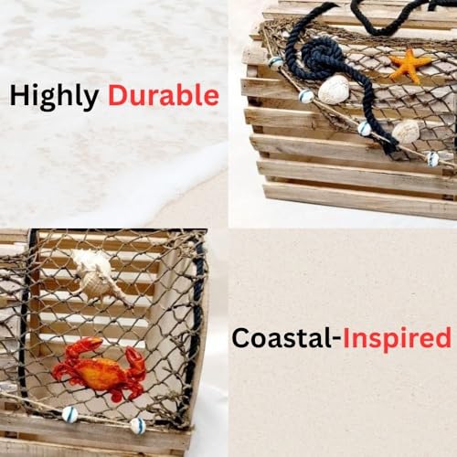Decorative Lobster Trap Nautical Coastal Decor – Distressed Wood with Fishnet, Seashells, Crab & Starfish Accents – Perfect Beach House, Boat Decoration – Unique Ocean-Themed Gift for Sea Lovers