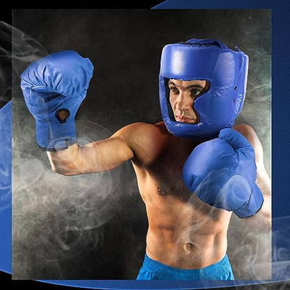 Kanayu 14 Pcs Boxing Gloves and Headgear Set for Beginners Youth 16 Ounce Boxing Gloves Headgear Helmet Hand Wraps Mouth Guards Equipment for Beginners Training Equipment Gifts - color: Black, Blue