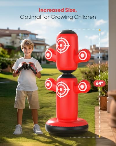 QPAU 360° Rotatable Punching Bag for Kids, Lager 64” Kids Punching Bag with Gloves, Hand Pump & 6 Targets, Bop Bag Inflatable Punching Toy, Karate Gifts for Boys, Girls - color: Red