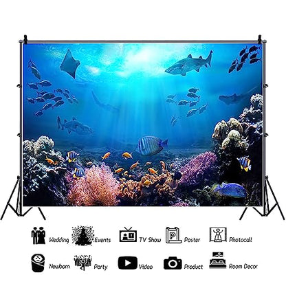 6x4ft Underwater World Backdrop for Photography Aquarium Seabed Rocks Lights Coral and Fishes Tropical Ocean Scene Under The Sea Small Background Kids Party Decoration Banner Photobooth Props - size: 6x4ft