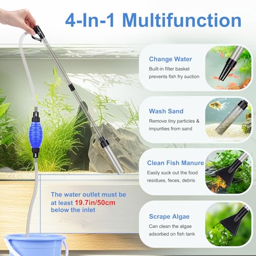 fishkeeper Quick Aquarium Siphon Pump Gravel Cleaner - 256GPH / 80GPH Adjustable Powerful Fish Tank Vacuum Gravel Cleaning Kit for Aquarium Water Changer, Sand Cleaner, Dirt Removal