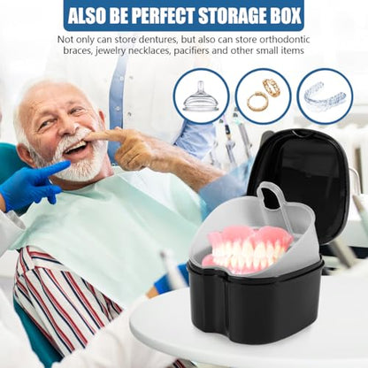 KISEER Black Denture Bath Case Cup Box Holder Storage Soak Container with Strainer Basket for Travel Cleaning - color: Black