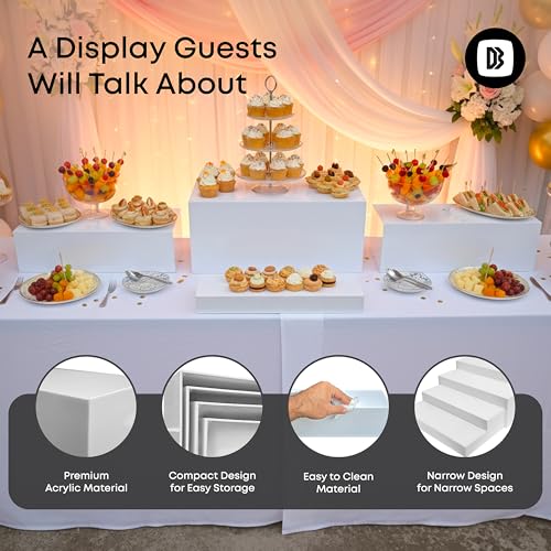 4cs Large Rectangle White Acrylic Buffet Riser Set Sizes (13" to 15") - Buffet Risers for Buffet Table, Display Stand Shelf for Catering Dessert Collectibles Jewelry Figures Show, Stackable Food Risers With Hollow Bottoms
