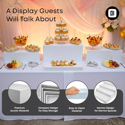 4cs Large Rectangle White Acrylic Buffet Riser Set Sizes (13" to 15") - Buffet Risers for Buffet Table, Display Stand Shelf for Catering Dessert Collectibles Jewelry Figures Show, Stackable Food Risers With Hollow Bottoms