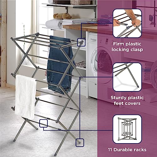 BLACK+DECKER 3 Tier Expandable Collapsing Foldable Laundry Rack for Air Drying Clothing, Space Saving Heavy Duty Lightweight Metal Drying Rack(Silver) - color: Silver