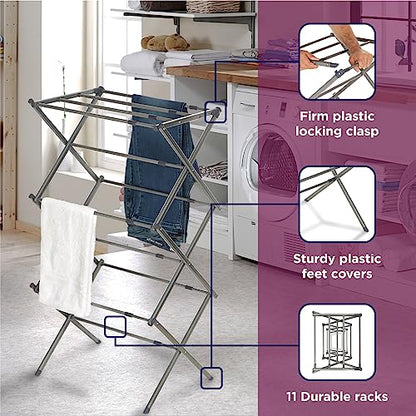 BLACK+DECKER 3 Tier Expandable Collapsing Foldable Laundry Rack for Air Drying Clothing, Space Saving Heavy Duty Lightweight Metal Drying Rack(Silver) - color: Silver