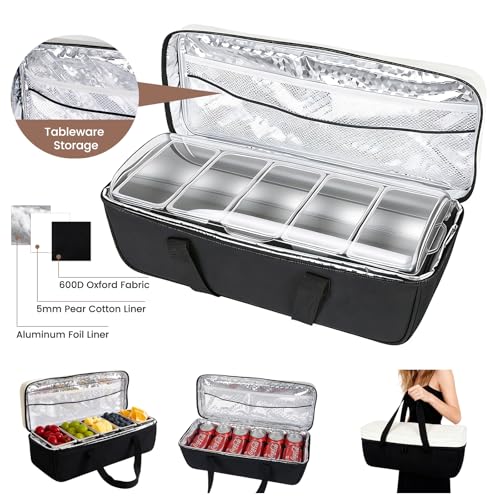 Chilled Condiment Caddy with 5 Removable Stainless Steel Compartments, Includes Portable Insulated Tote Bag and 2 Ice Packs, Serving Tray for Picnic, Outdoor, Party and Travel