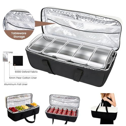 Chilled Condiment Caddy with 5 Removable Stainless Steel Compartments, Includes Portable Insulated Tote Bag and 2 Ice Packs, Serving Tray for Picnic, Outdoor, Party and Travel