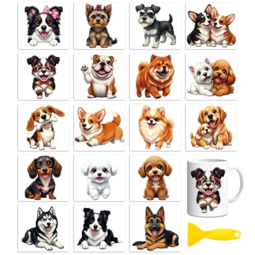 Peacoblue 18 Sheets Rub on Transfers for Crafts, Cute Dog 3.6"x3.9" UV DTF Cup Wraps Waterproof Rub on Cold Transfers Stickers for Wood Glass Metal Cup Tumblers Mirrors Mugs Home Decor - style: Cute Dog