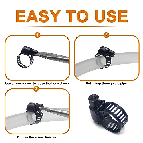30pcs Black Hose Clamps 6-51mm(1/4"-2") Adjustable Range 304 Stainless Steel Worm Gear Hose Clamps 6 Sizes Assortment Kit for Plumbing, Automotive, Mechanical Applications (Black)