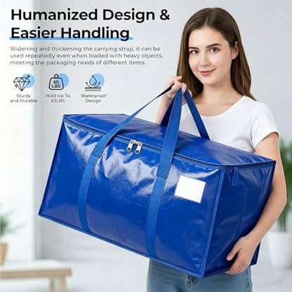 Extra Large Storage Bags, 23 Gallon Capacity, Waterproof Moving Totes with Handles and Label Pocket, Heavy Duty Zipper, Polypropylene Woven Fabric, Foldable Design (2 Pack Blue)