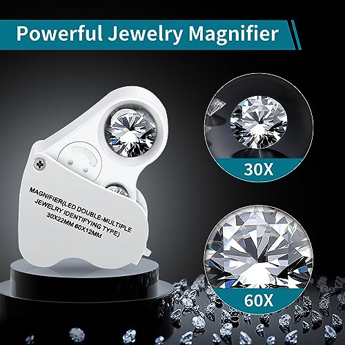 JARLINK 30X 60X Illuminated Jewelers Loupe Magnifier, Foldable Jewelry Magnifier with Bright LED Light for Gems, Jewelry, Coins, Stamps, etc - color: White