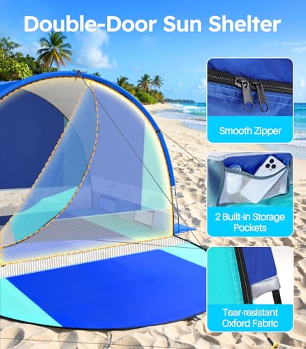 Beach Tent with Double Zippered Doors, Beach Tent Sun Shelter with UPF50+ UV Protection, Beach Canopy Portable Storage Bag for Beach Camping Fishing, for 3-4 People - size: 3-4 Person
