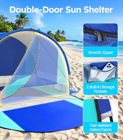 Beach Tent with Double Zippered Doors, Beach Tent Sun Shelter with UPF50+ UV Protection, Beach Canopy Portable Storage Bag for Beach Camping Fishing, for 3-4 People - size: 3-4 Person