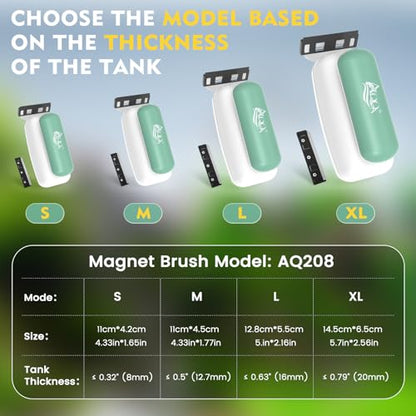 AQQA Aquarium Magnet Glass Cleaner - Enhanced Magnetic Fish Tank Cleaner with 2 Types of Blades, Self-Floating Aquarium Glass Scrubber Algae Scrapers for up to 0.5" Thick Glass/Acrylic Aquariums (M)