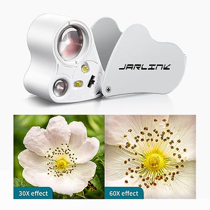 JARLINK 30X 60X Illuminated Jewelers Loupe Magnifier, Foldable Jewelry Magnifier with Bright LED Light for Gems, Jewelry, Coins, Stamps, etc - color: White