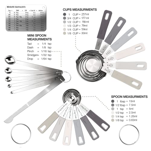 22-Piece Stainless Steel Measuring Cups and Spoons Set, Tad Dash Pinch Smidgen Drop Mini Measuring Spoons, Measuring Stick Leveler, Measurement Conversion Chart Fridge Magnet, (Charcoal) - color: Charcoal