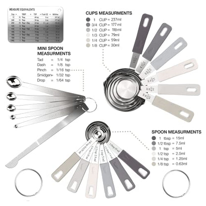 22-Piece Stainless Steel Measuring Cups and Spoons Set, Tad Dash Pinch Smidgen Drop Mini Measuring Spoons, Measuring Stick Leveler, Measurement Conversion Chart Fridge Magnet, (Charcoal) - color: Charcoal