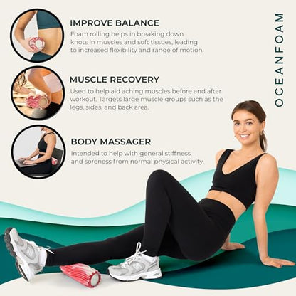 Oceanfoam Ripple Travel Foam Roller (11" x 3.35") Firm Mini Foam Roller for Physical Therapy, Deep Tissue Massage, Back Pain - High Density, Ergonomic Wave Textured - Yoga, Exercise (Red Marbled) - color: Red Marbled