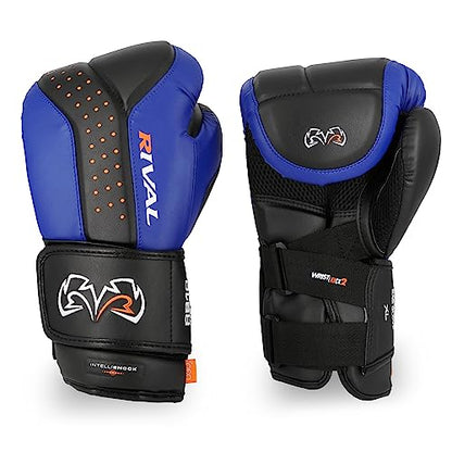 RIVAL Boxing RB10 Intelli-Shock Bag Gloves, Hook and Loop Closure - Ergonomic Fit, 1.25” of Closed Cell Foam for Intense Bag Use - color: Black/Blue, size: Small