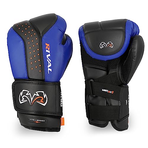RIVAL Boxing RB10 Intelli-Shock Bag Gloves, Hook and Loop Closure - Ergonomic Fit, 1.25” of Closed Cell Foam for Intense Bag Use - color: Black/Blue, size: Large