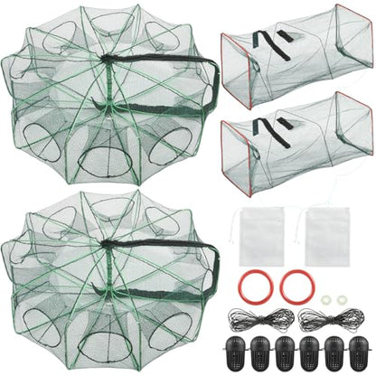2PCS Fishing Bait Trap Crab Net 10 Holes and 2 PCS Square Crab Crawfish Trap Fishing Trap for Minnow Crawfish Shrimp Crawdad with Rope Large Fishing Net for Bait Fish
