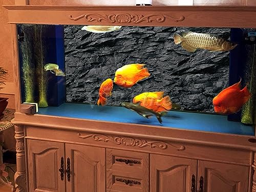 VIP. LINE 3D Effect Black Stone Texture Aquarium Background Poster Fish Tank Backdrop Decorations PVC Background (48" x 24"/ 122 x 61cm)