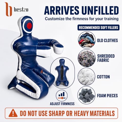 Bestzo MMA Martial Arts Brazilian Grappling Dummy Jiu Jitsu Punching Bag Sitting Position-Unfilled Hands on Front - color: Synthetic Leather Blue, size: 59 inches (5 ft)