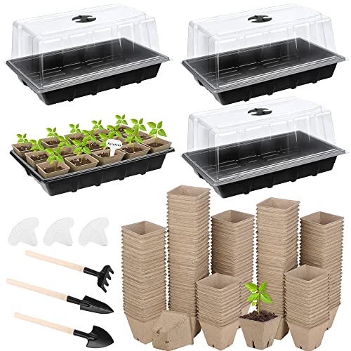 4 Pack Seed Starter Tray Kit, 120 Square Seed Peat Pots for Seedlings with Plants Labels, Planting Tools, Plastic Growing Germination Trays with Lids for Indoor Outdoor Gardening, Black
