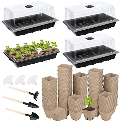 4 Pack Seed Starter Tray Kit, 120 Square Seed Peat Pots for Seedlings with Plants Labels, Planting Tools, Plastic Growing Germination Trays with Lids for Indoor Outdoor Gardening, Black