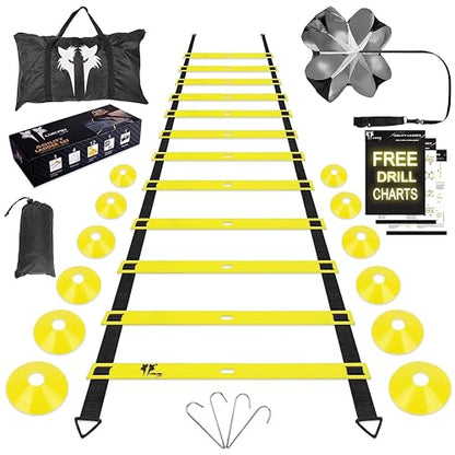 20ft Sports Agility Ladder for Men Women and Kids, Speed Youth Soccer Agility Training Equipment for Football, Exercise, Tennis, Legs Workout with Speed Parachute and Carry Bag