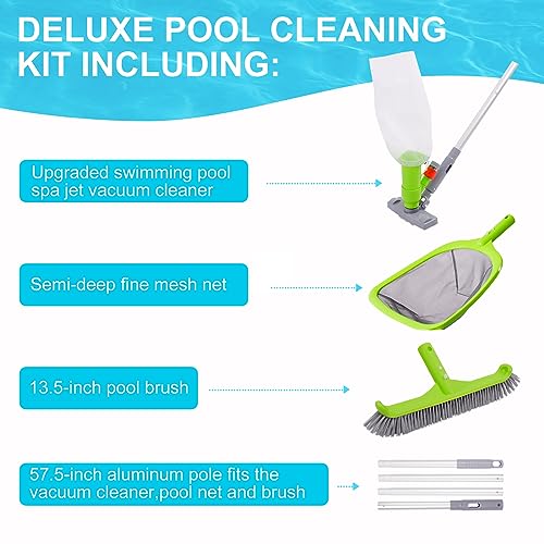 Deluxe Swimming Pool Cleaning Kit with Spa Jet Vacuum Cleaner,Brush, Semi-deep Skimmer Net & Adjustable 57.5-inch Pole,Ideal for Cleaning Above Ground,Inflatable Pools