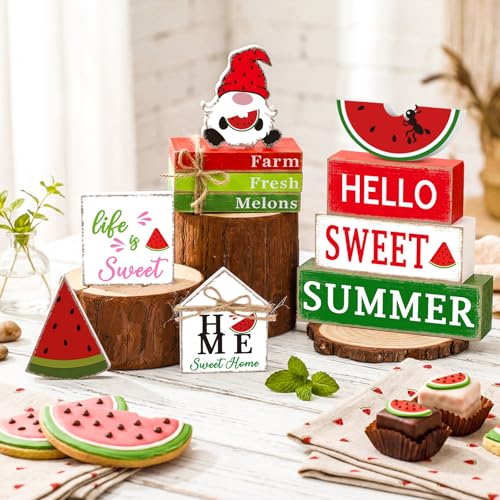 11 Pcs Watermelon Table Decorations Set Watermelon Tiered Tray Decor Summer Wooden Top Farmhouse Rustic Wooden Table Centerpieces for Home or Kitchen Office Decorations - style: Watermelon