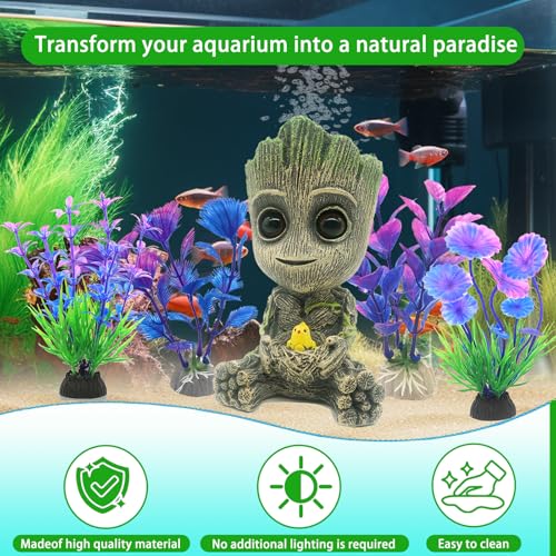 Aquarium Groot Air Bubbler Fish Tank Decorations, Fish Tank Air Stone Set with Bubble Accessories 6 pcs and Aquatic Plants 4 Pcs.