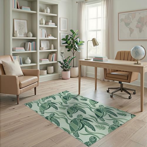 4'x6' Washable Modern Turtle Accent Rug, Mint Green Non-Shedding Small Carpet Pet Friendly & Kids Safe Play Mat for Playroom, Bedroom, Reading Nook | Ref:1953893
