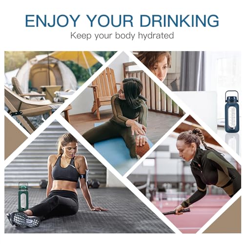 chunmo 52oz Glass Water Bolttles with Straw Half Gallon Large Motivational Water Bottle - color: Dark Blue, size: 52 Ounces