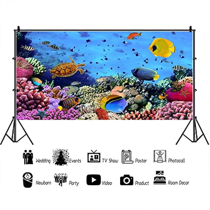 15x8ft Underwater Ocean Coral Reef Backdrop Under The Sea Tropical Fish Sea Turtle Marine Life Photography Background Seabed World Nature Scene Aquarium Decor Kids Portrait Photo Shoot Props - size: 15x8ft
