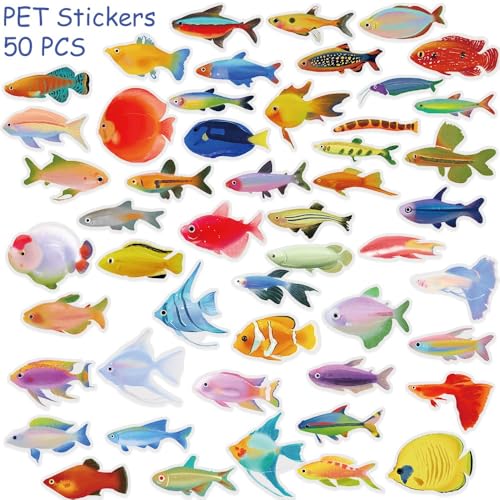 50PCS Aquarium Fish Stickers,Waterproof Vinyl Clear Transparent Freshwater Stickers Decals for Water Bottle Laptop