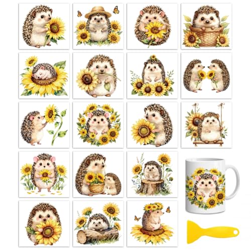 Peacoblue 18 Sheets Rub on Transfers for Crafts, Sunflowers Hedgehog 3.6"x3.9" UV DTF Cup Wraps Waterproof Rub on Cold Transfers Stickers for Wood Glass Metal Cup Tumblers Mirrors Mugs Home Decor - style: Sunflowers Hedgehog