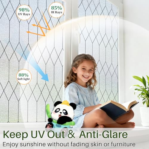 Window Privacy Film Stained Glass Static Clings, Bathroom Frosted Leaded Decorative Window Stickers, UV Heat Blocking Opaque Removable for Home Door Coverings (17.5 x 78.8in,Pure)