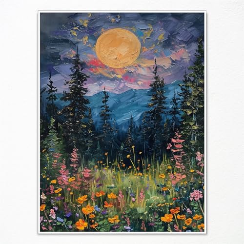 Yuaruo Vintage Full Moon Above The Wildflowers Nature Posters, Mystical Midnight Woodland Canvas Wall Art Print, Retro Flowers and Trees Oil Painting, Dark Forest Landscape 12x16in Unframed - color: Moon, size: 12"L x 16"W